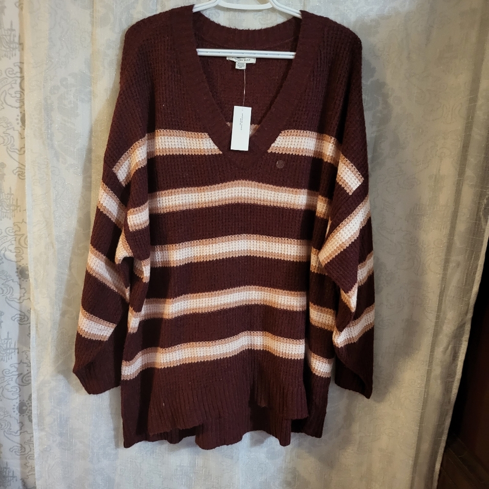 American Eagle Outfitters Burgundy Knit V-Neck Sweater with Cream & Pink Stripes